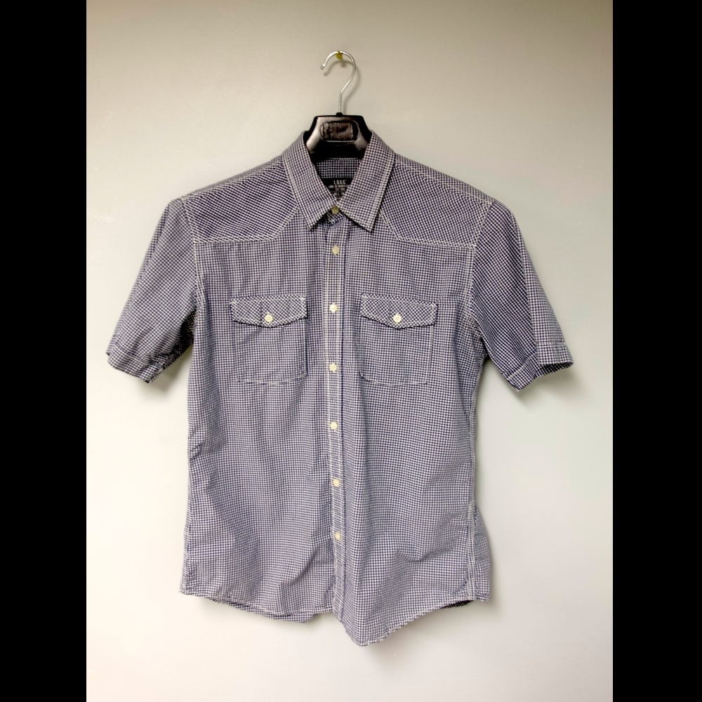 H&M LOGG Gingham Short Sleeve Western Shirt Mens Large Fitted Navy White